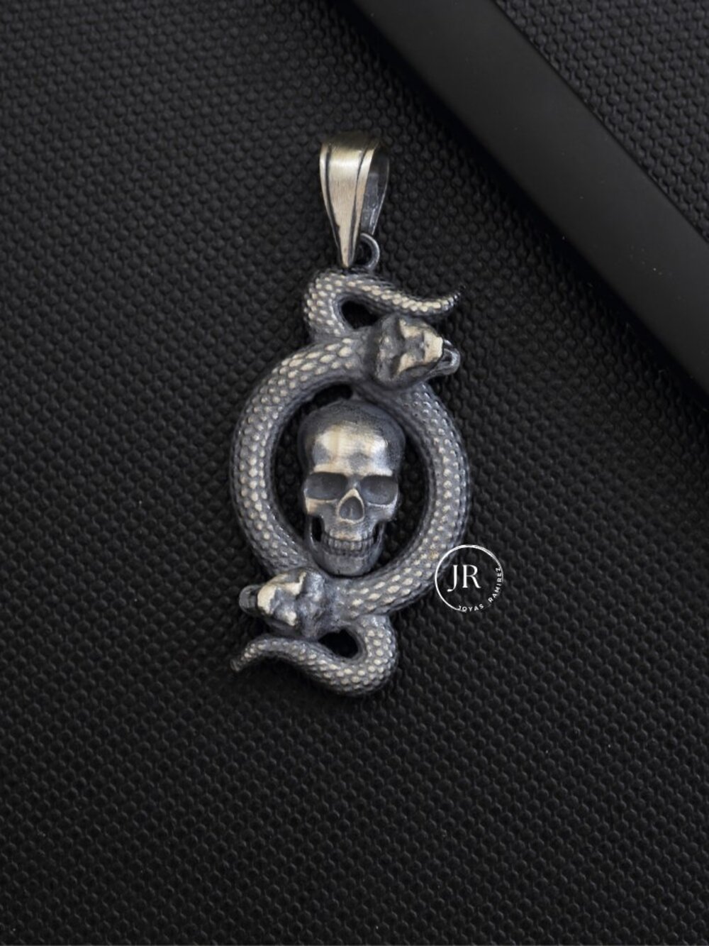 .925 Sterling Silver Skull and Snake Pendant Gothic Oxidized Fine Jewelry - Picture 1 of 9